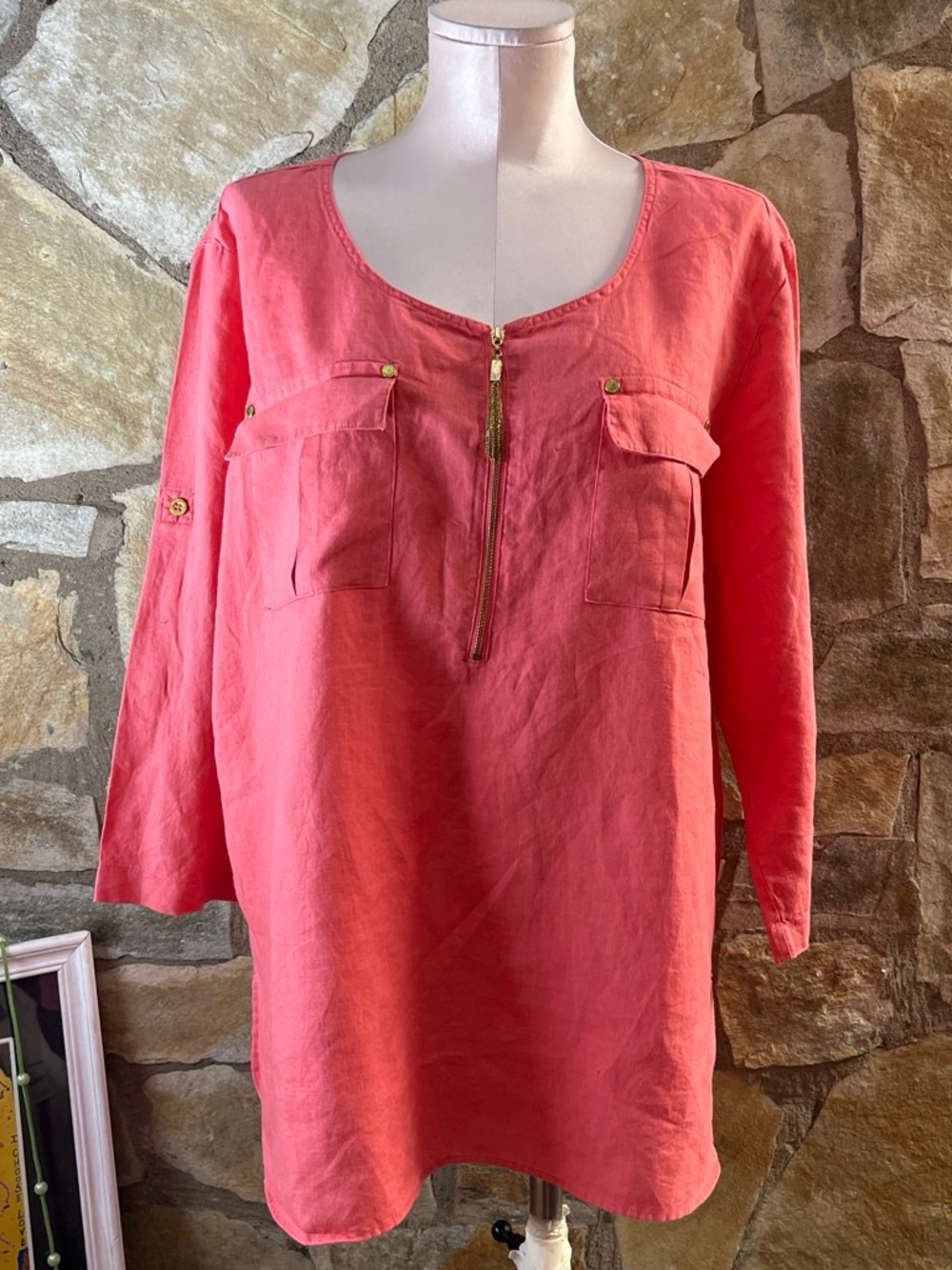 Ellen Tracy Coral Pink 100% Linen Tunic Top Size XL